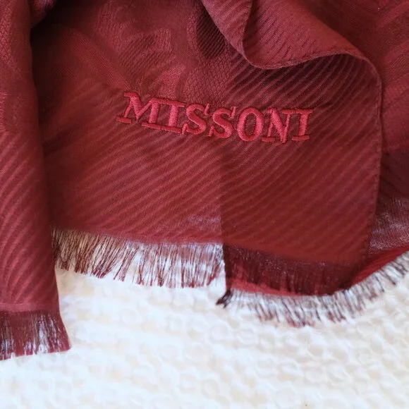 MISSONI Silk Wool Maroon Large Fringed Scarf - Picture 2 of 8